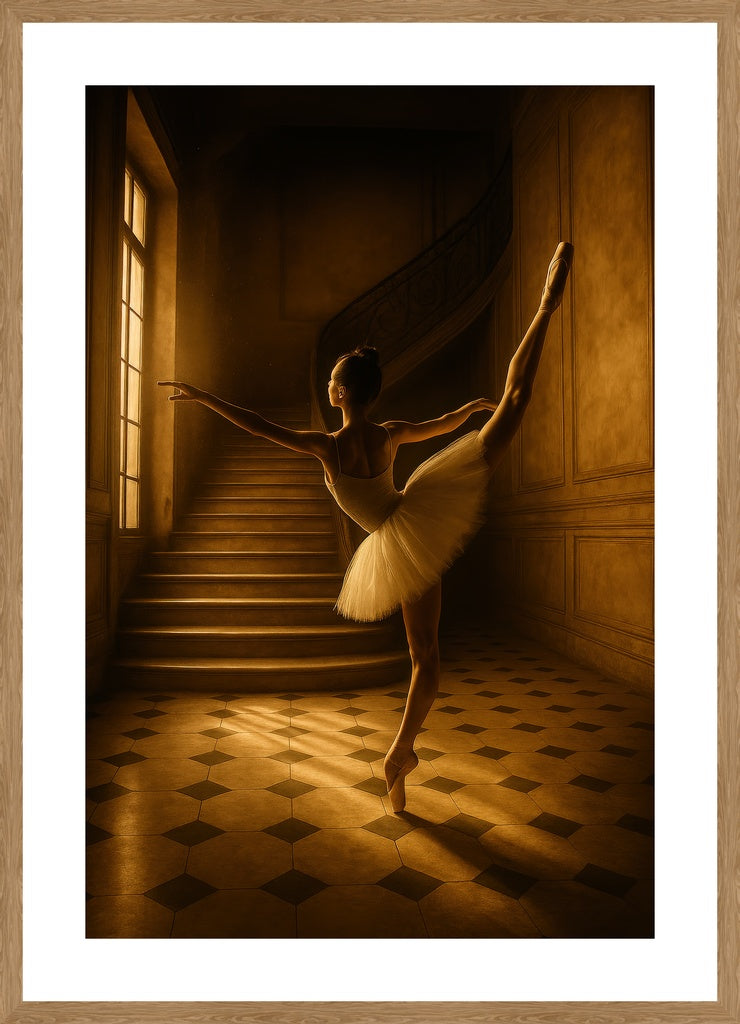 Ballerina in Golden Light I affisch stylad i interiörmiljö med ekram.