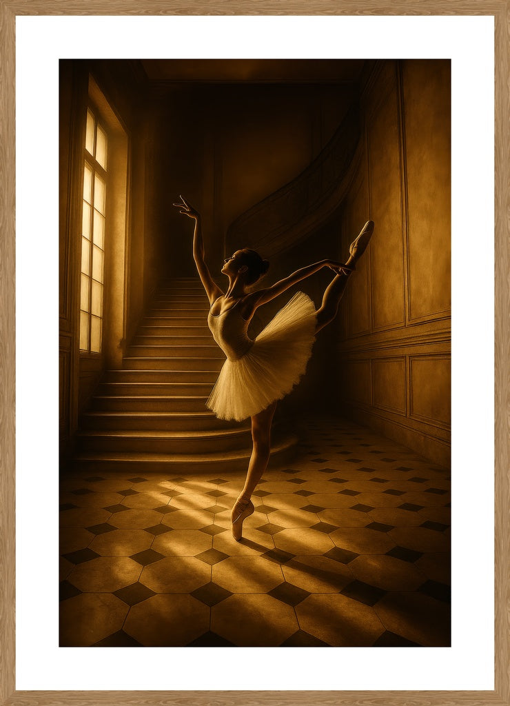 Ballerina in Golden Light II affisch stylad i interiörmiljö med ekram.
