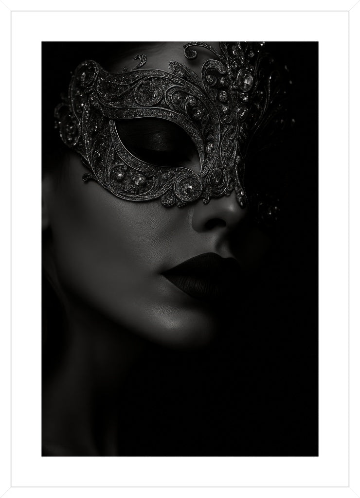 Dark Masquerade Secrets affisch stylad i interiörmiljö med vit ram.