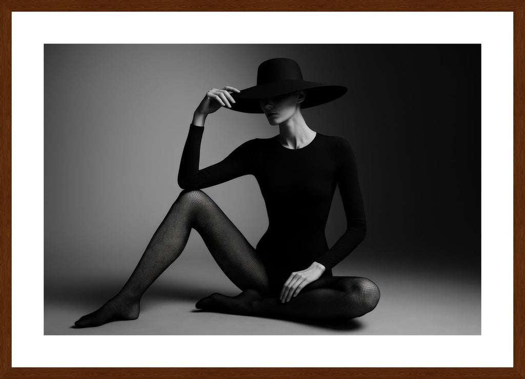 Monochrome Fashion Mystery affisch stylad i interiörmiljö med mörk ekram.