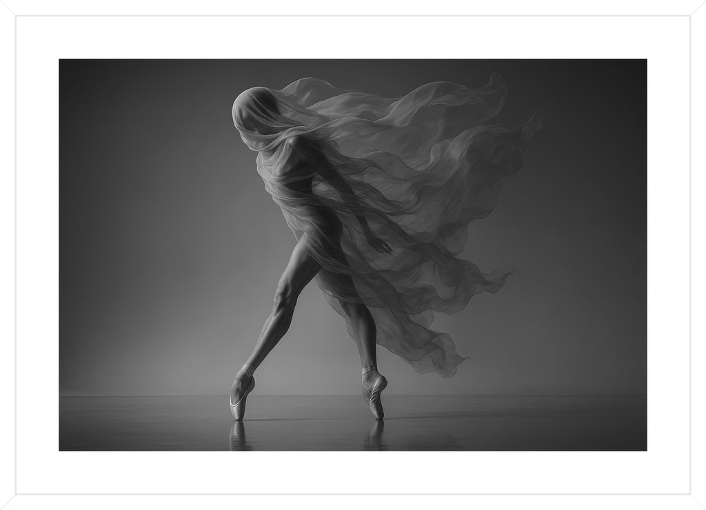 Veil of Movement affisch stylad i interiörmiljö med vit ram.